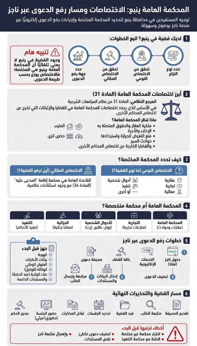 إنفوغرافيك يوضح اختصاصات المحكمة العامة ينبع وفق نظام المرافعات الشرعية وخطوات رفع الدعوى ومتابعتها إلكترونيًا عبر منصة ناجز.