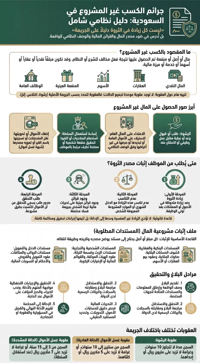 جرائم الكسب غير المشروع في السعودية 1 إنفوغرافيك يوضح جرائم الكسب غير المشروع في السعودية وشروط إثبات مصدر الأموال ومراحل التحقيق والعقوبات والمصادرة.