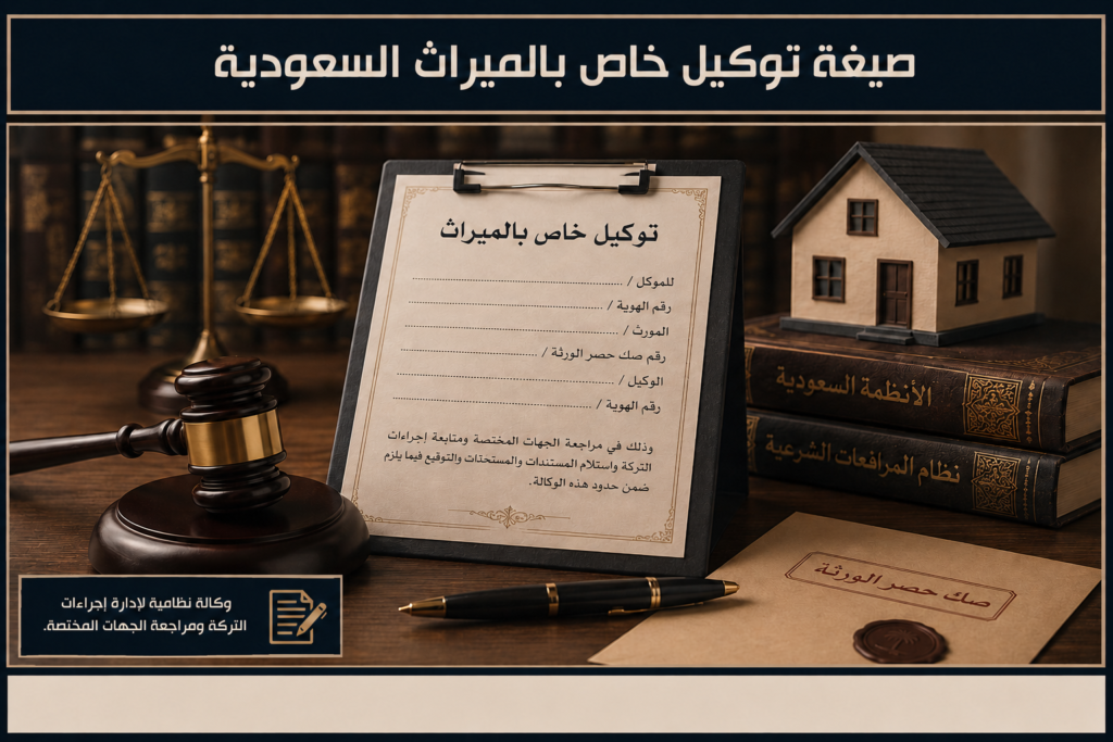 صورة قانونية توضح صيغة توكيل خاص بالميراث السعودية مع وثيقة وكالة وصك حصر ورثة وعناصر قانونية