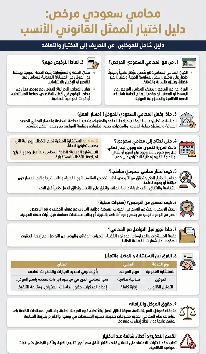 إنفوغرافيك يشرح كيفية اختيار محامي سعودي مرخص والتحقق من الترخيص وتجهيز المستندات قبل التوكيل.