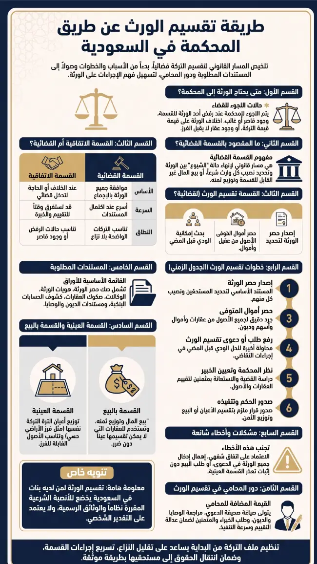 طريقة تقسيم الورث عن طريق المحكمة 1 إنفوغرافيك عن طريقة تقسيم الورث عن طريق المحكمة في السعودية