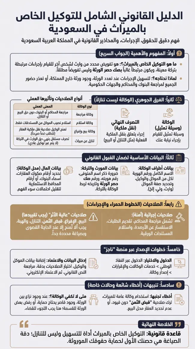 إنفوغرافيك يوضح صيغة توكيل خاص بالميراث السعودية وأهم صلاحيات الوكيل وحدود وكالة الورثة