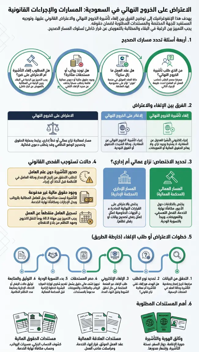 إنفوغرافيك يوضح خطوات الاعتراض على الخروج النهائي في السعودية، والفرق بين إلغاء التأشيرة والنزاع العمالي والإداري