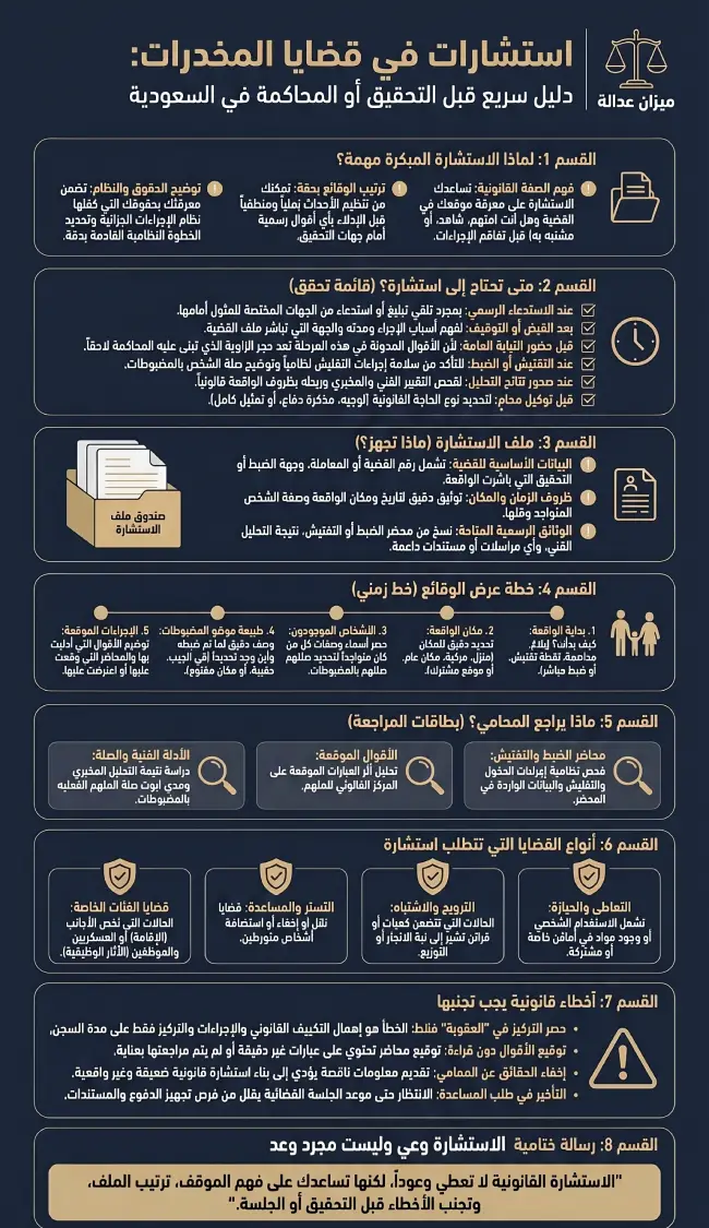 إنفوغرافيك يوضح متى تحتاج إلى استشارات في قضايا المخدرات في السعودية، وما المستندات المطلوبة قبل التحقيق، وكيفية عرض الوقائع وتجنب الأخطاء القانونية.