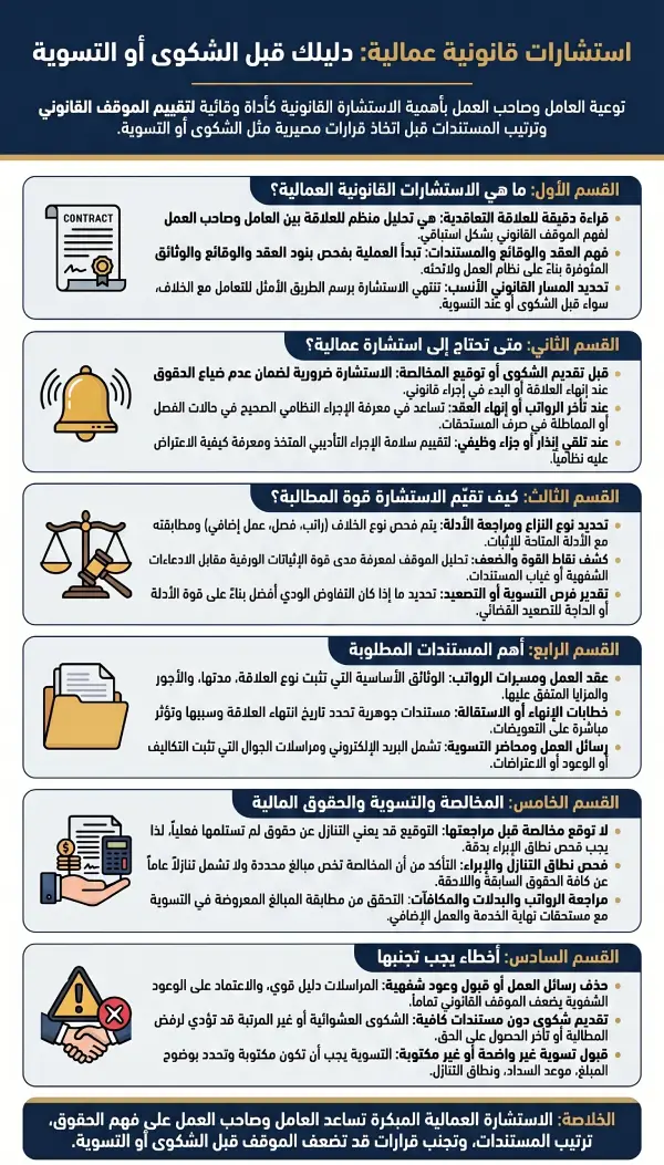 استشارات قانونية عمالية في السعودية: متى تحتاجها قبل الشكوى أو التسوية؟ 1 إنفوغرافيك يشرح الاستشارات القانونية العمالية في السعودية، ومتى يحتاجها العامل أو صاحب العمل قبل الشكوى أو التسوية أو توقيع المخالصة، مع توضيح المستندات المطلوبة وأخطاء النزاعات العمالية.