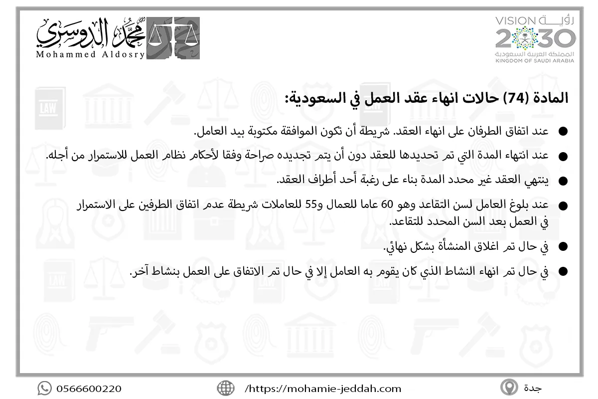 المادة 74 حالات انهاء عقد العمل في السعودية