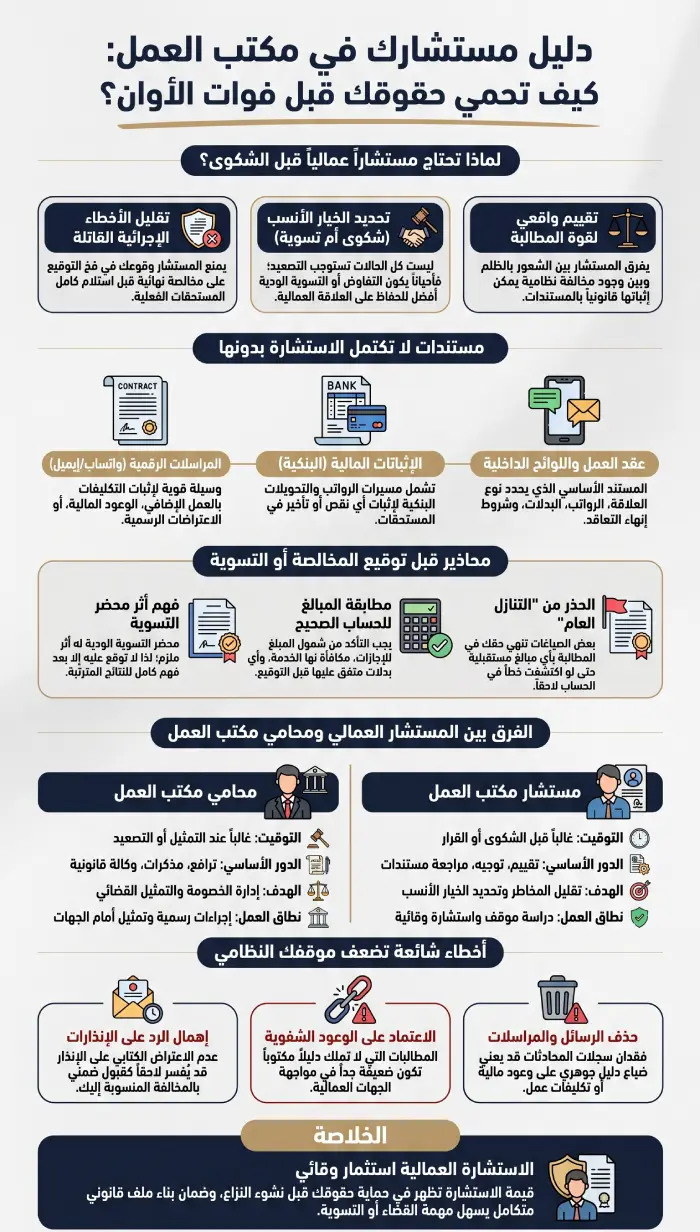إنفوغرافيك يشرح دور مستشار في مكتب العمل في السعودية قبل الشكوى العمالية، مع توضيح المستندات المطلوبة، المخالصة، التسوية الودية، مطالبات الرواتب، والفصل أو إنهاء عقد العمل.