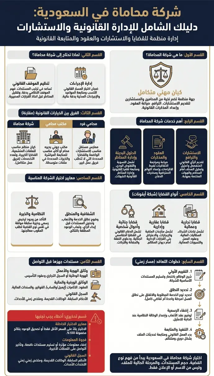 إنفوغرافيك عربي يشرح خدمات شركة محاماة في السعودية، والفرق بينها وبين مكتب المحامي والمحامي الفرد، مع خطوات اختيار الشركة وتجهيز المستندات قبل التواصل.