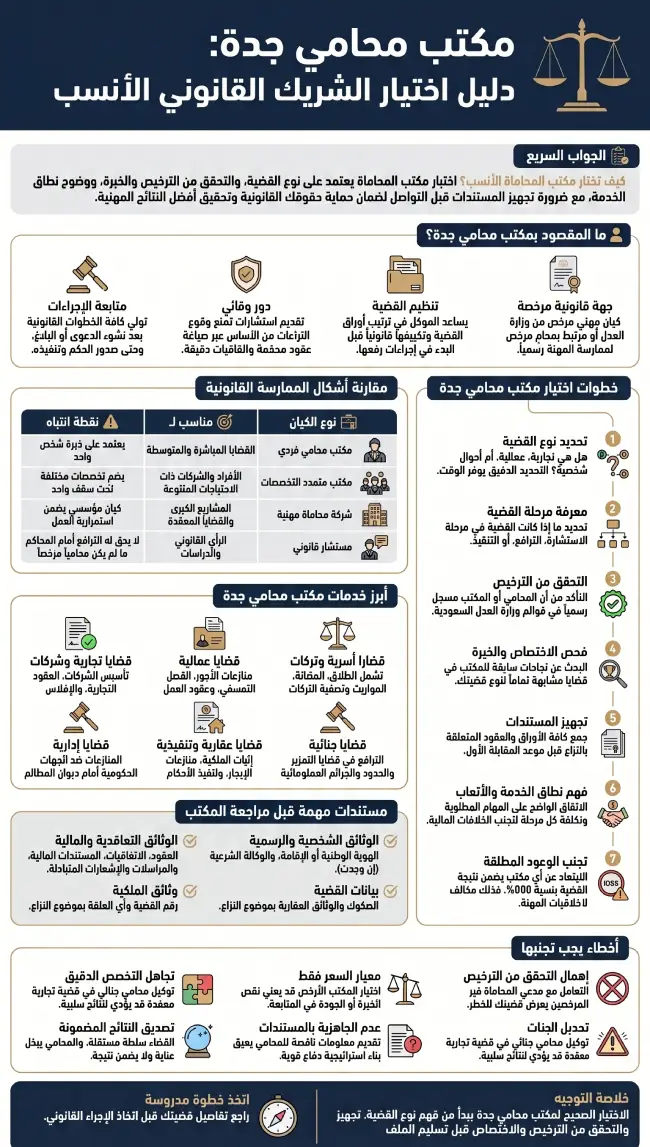 إنفوغرافيك يشرح كيفية اختيار مكتب محامي جدة حسب نوع القضية، مع توضيح الفرق بين مكتب المحامي وشركة المحاماة، وأبرز الخدمات القانونية والمستندات المطلوبة قبل مراجعة المكتب.