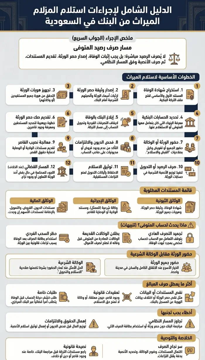 إنفوغرافيك يوضح إجراءات استلام الميراث من البنك في السعودية، بدءاً من شهادة الوفاة وحصر الورثة وحتى الوكالة الشرعية وصرف رصيد المتوفى وتوزيع الأنصبة.