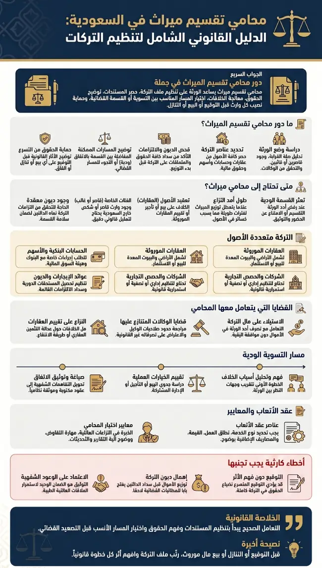 إنفوغرافيك يشرح دور محامي تقسيم ميراث في السعودية في تنظيم التركة، حماية حقوق الورثة، حل نزاعات الميراث، مراجعة المستندات، وتوضيح مسار التسوية أو القسمة القضائية.