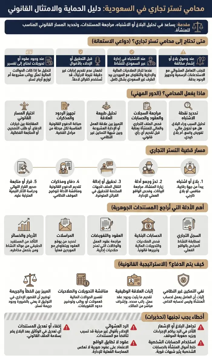 إنفوغرافيك يوضح دور محامي تستر تجاري في السعودية ومتى تحتاجه المنشأة لمراجعة البلاغات والأدلة والدفاع في قضايا التستر التجاري.