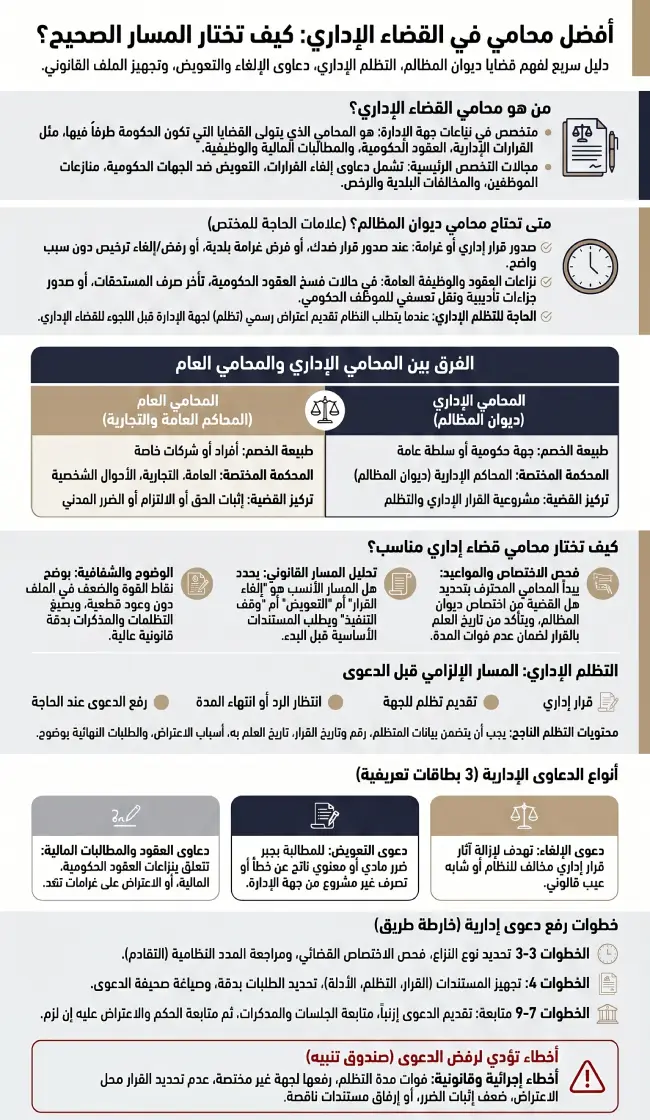 إنفوغرافيك يشرح كيفية اختيار أفضل محامي في القضاء الإداري، ودوره في قضايا ديوان المظالم والتظلم الإداري ودعاوى الإلغاء والتعويض في السعودية.
