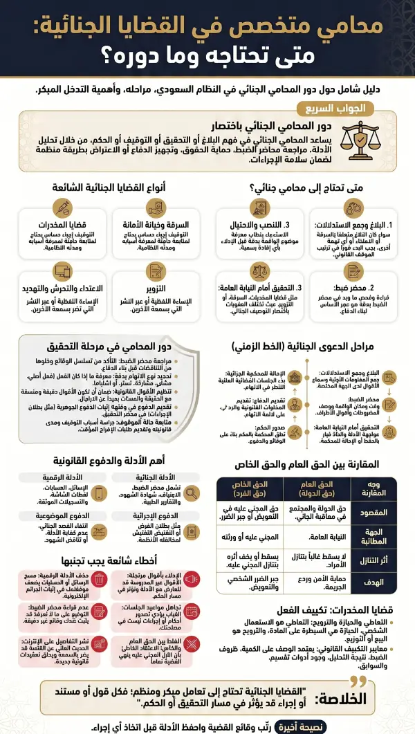 إنفوغرافيك يشرح متى تحتاج إلى محامي متخصص في القضايا الجنائية، وأنواع القضايا الجنائية، ومراحل الدعوى، ودور المحامي في التحقيق، والفرق بين الحق العام والحق الخاص.