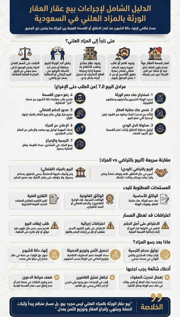 إجراءات بيع عقار ورثة بالمزاد العلني 1 إنفوغرافيك يوضح إجراءات بيع عقار ورثة بالمزاد العلني في السعودية، من صك حصر الورثة وفحص صك العقار حتى الترسية والإفراغ وتوزيع الثمن.