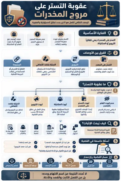 عقوبة التستر على مروج المخدرات 1 إنفوغرافيك يوضح عقوبة التستر على مروج المخدرات والفرق بين التستر والترويج والحيازة والمشاركة في السعودية.