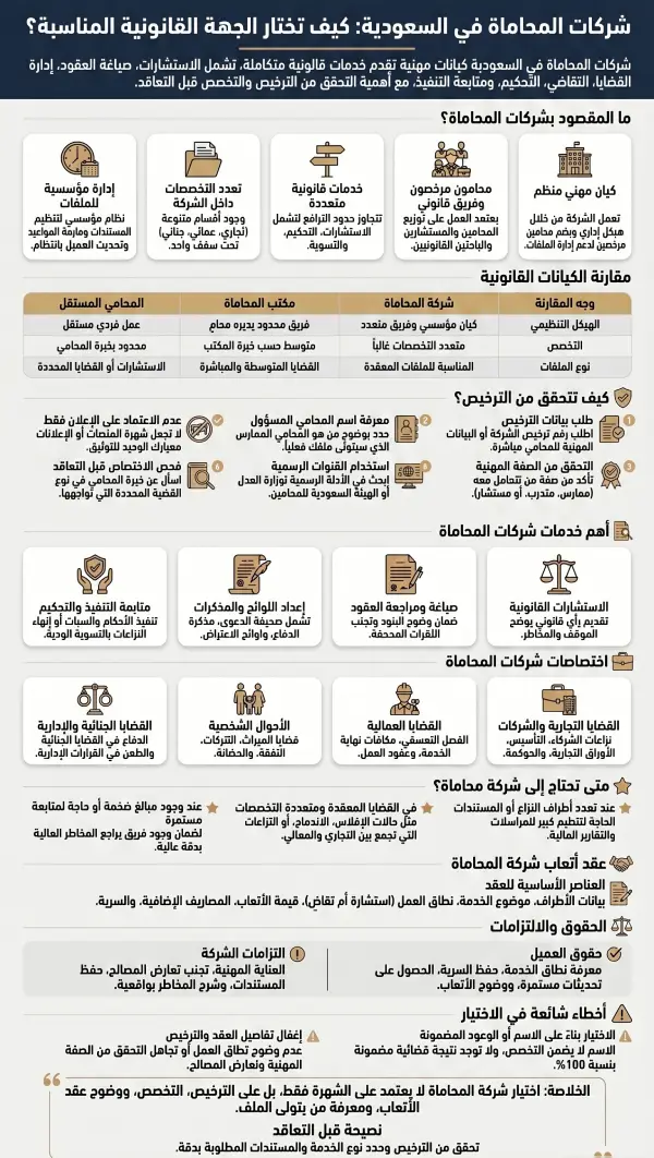 إنفوغرافيك عربي يشرح شركات المحاماة في السعودية، خدماتها، طريقة التحقق من الترخيص، الفرق بين شركة المحاماة ومكتب المحاماة، ومعايير اختيار الشركة القانونية المناسبة.