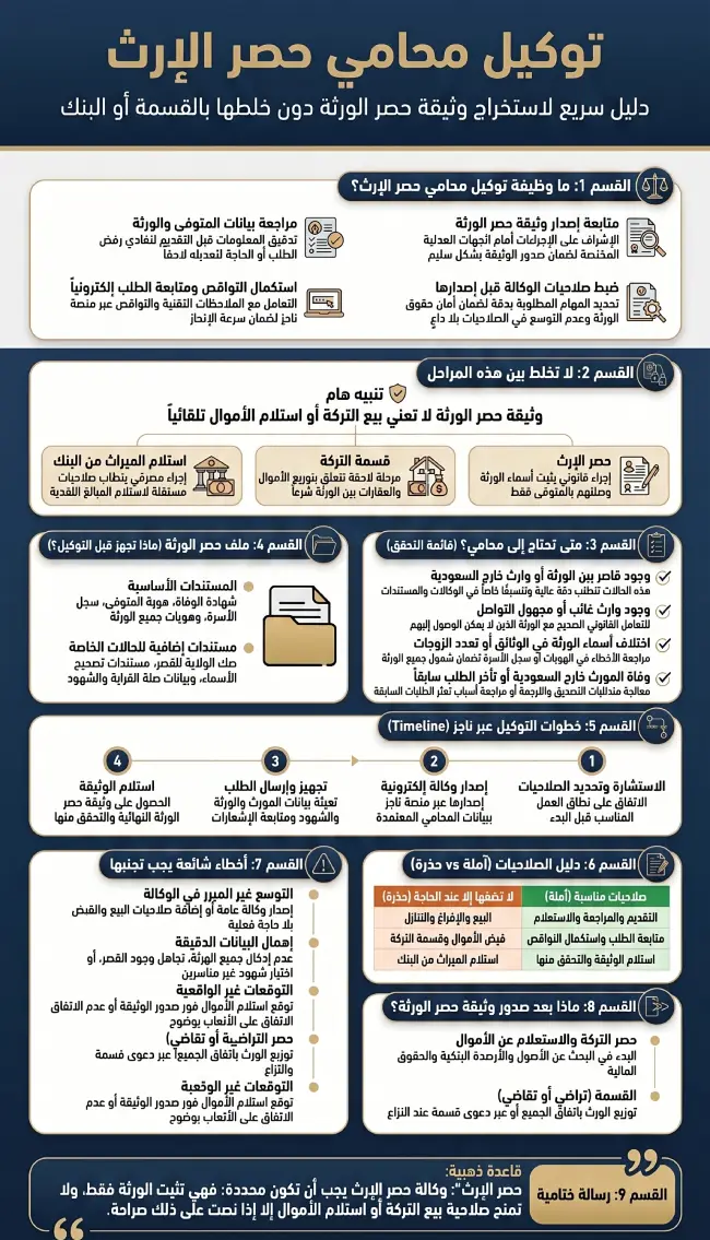 إنفوغرافيك يوضح خطوات توكيل محامي حصر الإرث في السعودية، والمستندات المطلوبة، وصلاحيات الوكالة، والفرق بين حصر الورثة وقسمة التركة واستلام الميراث من البنك.
