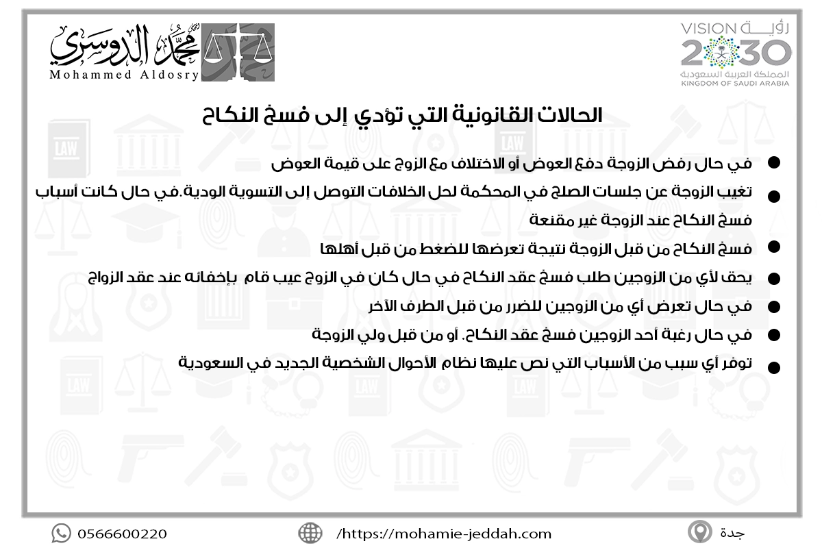 الحالات القانونية التي تؤدي إلى فسخ النكاح