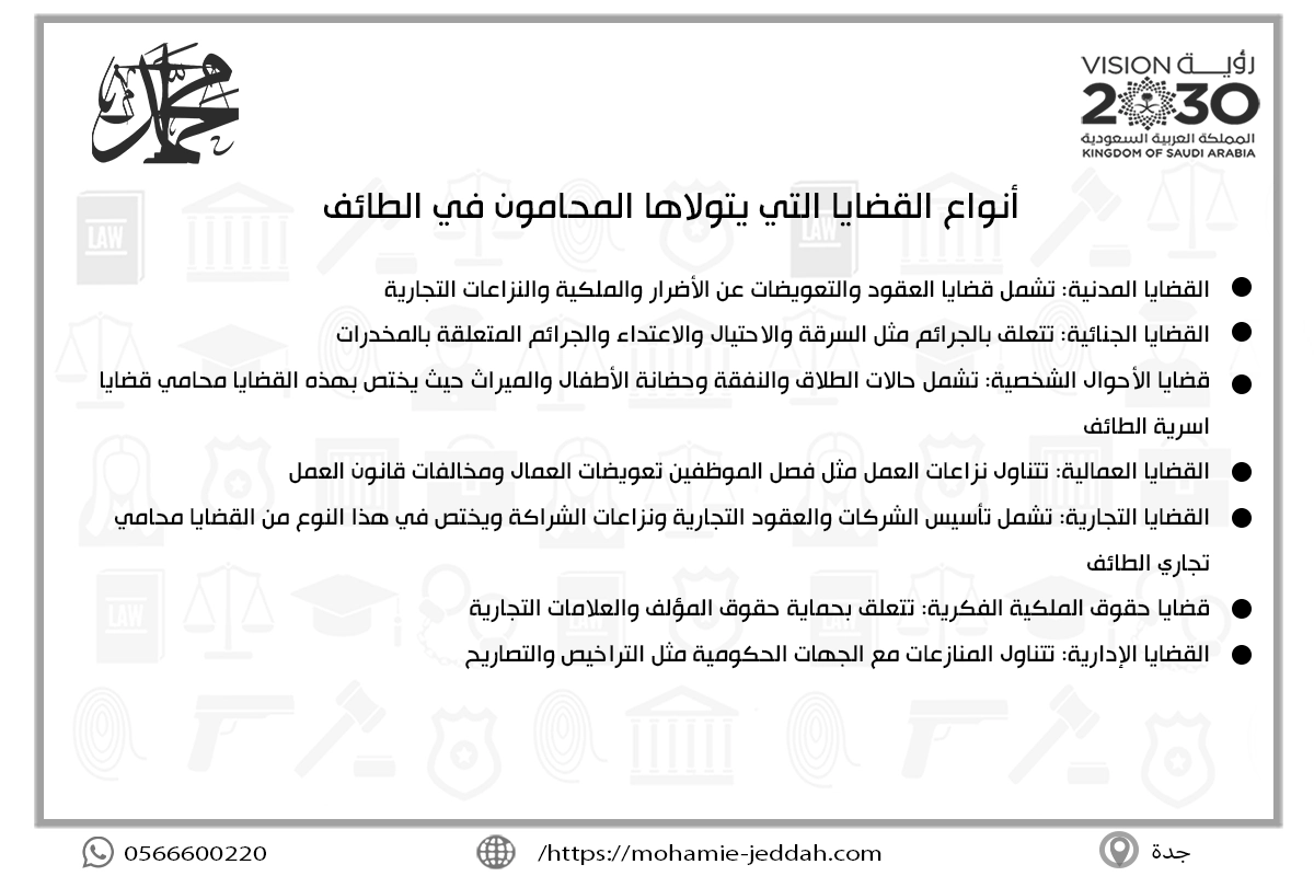 أفضل محامي بالطائف 2 أنواع القضايا التي يتولاها المحامون في الطائف