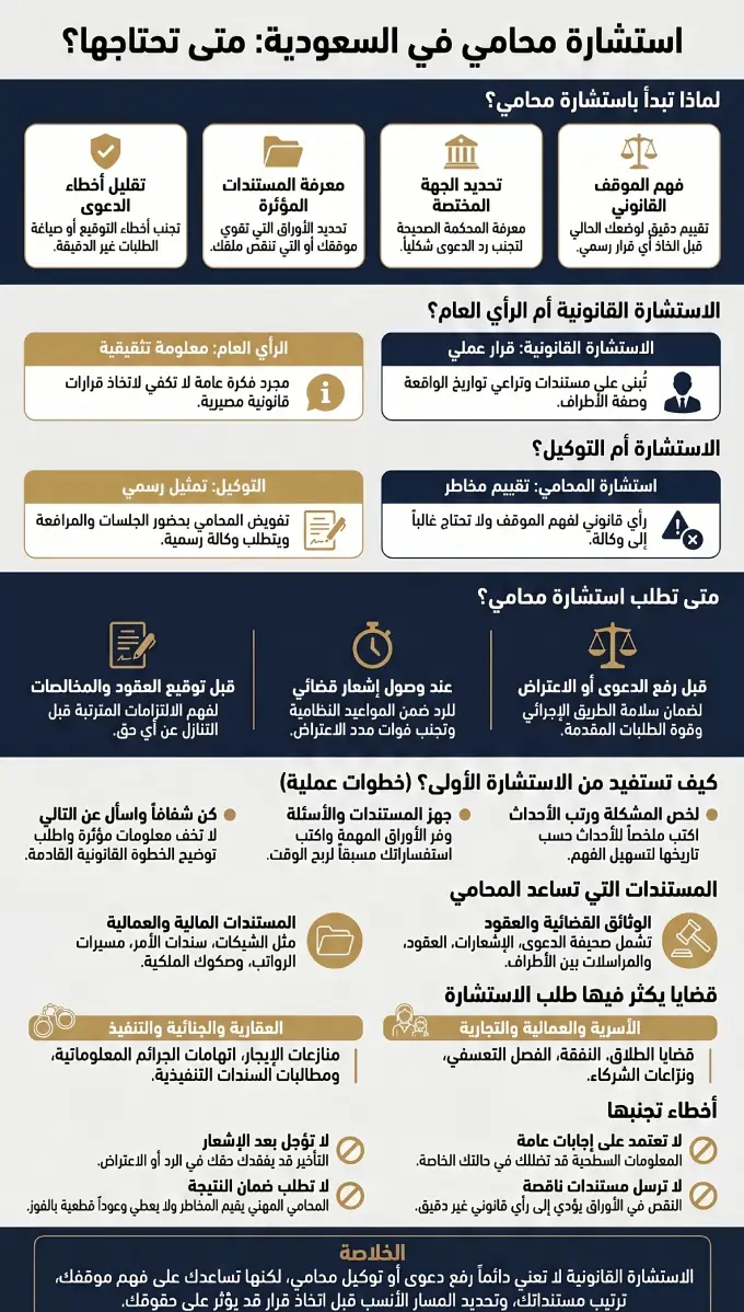 إنفوغرافيك يوضح متى تحتاج إلى استشارة محامي في السعودية، والفرق بين الاستشارة والتوكيل، وأهم المستندات والأخطاء الشائعة.