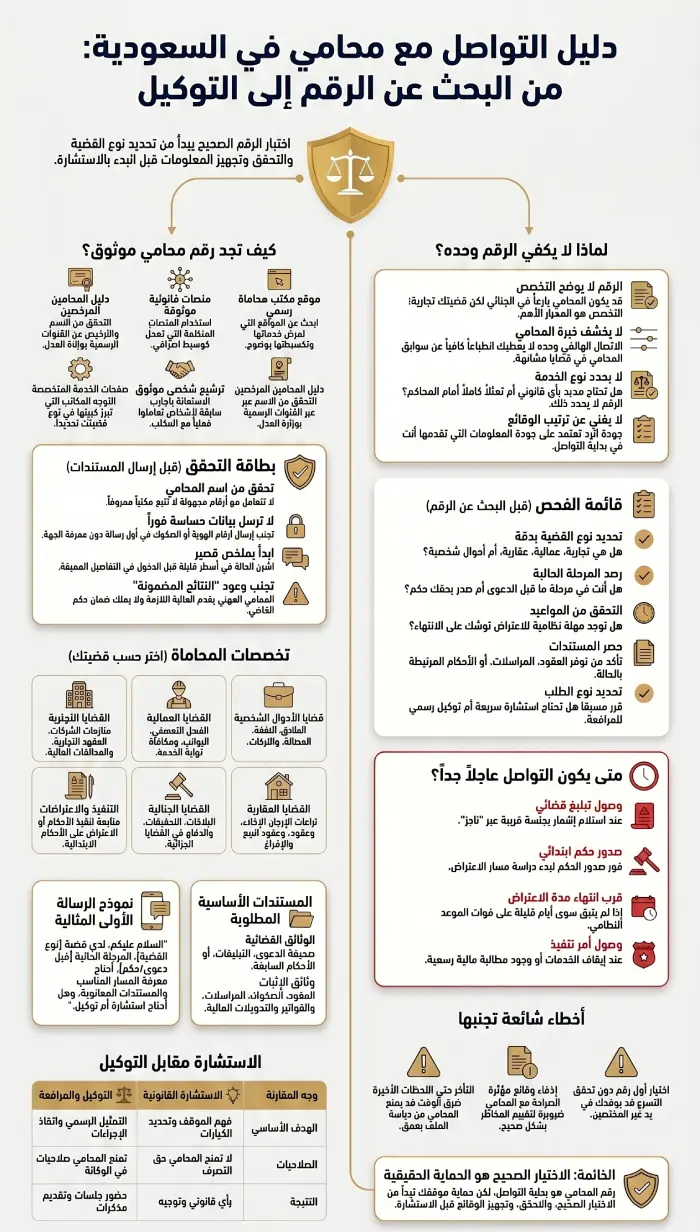 إنفوغرافيك يشرح كيفية اختيار رقم محامي في السعودية، والتحقق من المحامي قبل إرسال المستندات، ومتى تحتاج إلى استشارة أو توكيل.