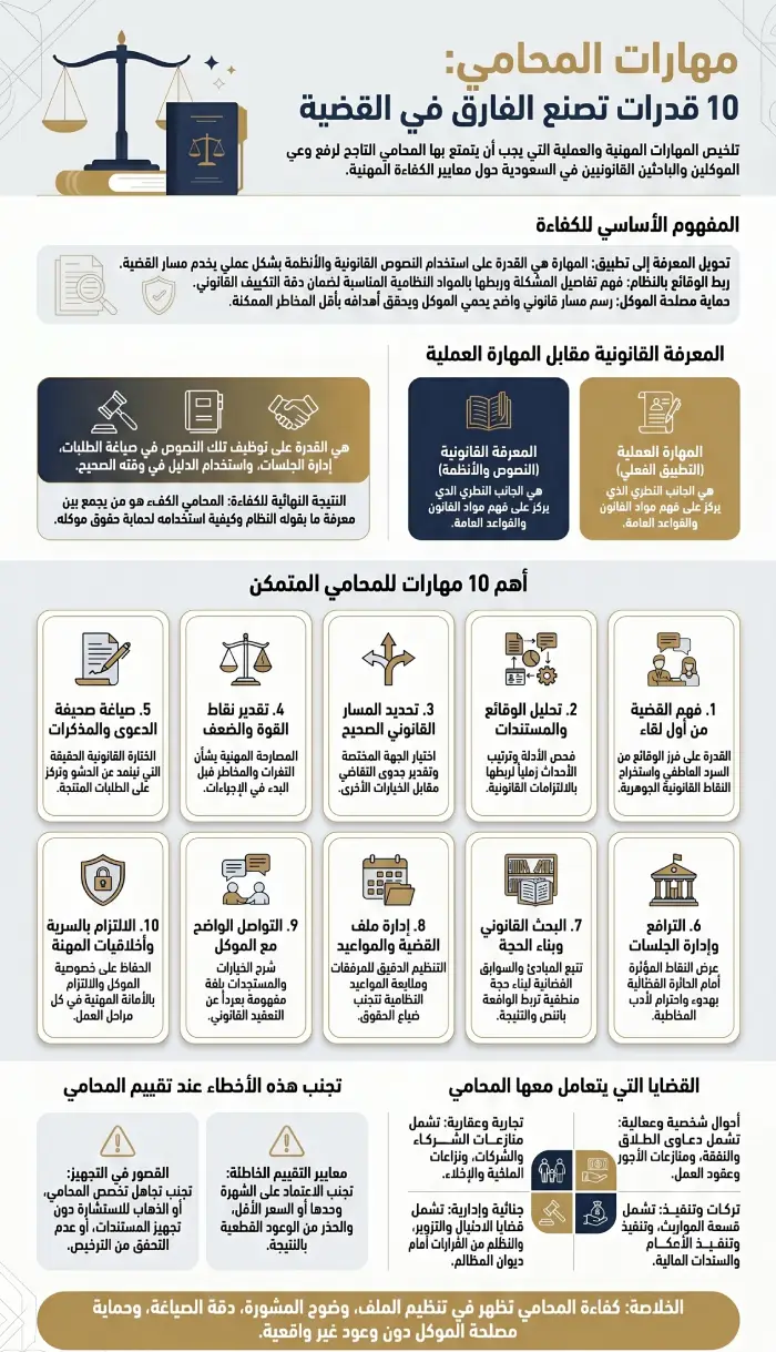 إنفوغرافيك يوضح أهم مهارات المحامي الأساسية مثل التحليل القانوني وصياغة المذكرات والترافع وإدارة ملف القضية والتواصل مع الموكل.