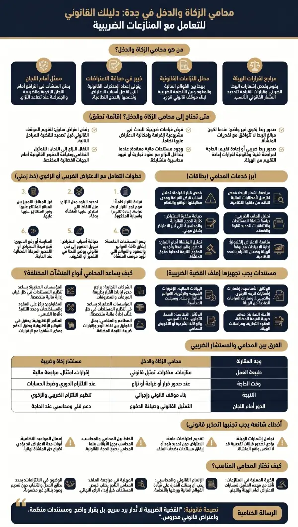 إنفوغرافيك يوضح دور محامي الزكاة والدخل في جدة في مراجعة الربط الزكوي والضريبي، تجهيز مستندات الاعتراض، وتمثيل المنشآت أمام اللجان المختصة.