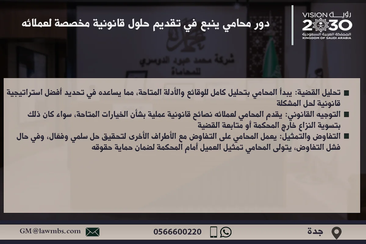 محامي ينبع في السعودية: استشارات قانونية لحل قضايا الطلاق، النفقة، وحضانة الأطفال بكفاءة عالية 2 دور محامي ينبع في تقديم حلول قانونية مخصصة لعملائه في مختلف القضايا وفقًا للأنظمة السعودية