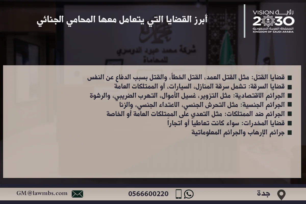 أبرز القضايا التي يتعامل معها المحامي الجنائي - شرح القضايا الجنائية الرئيسية التي يدافع فيها المحامي الجنائي مثل القتل، السرقة، المخدرات، والجرائم الإلكترونية.