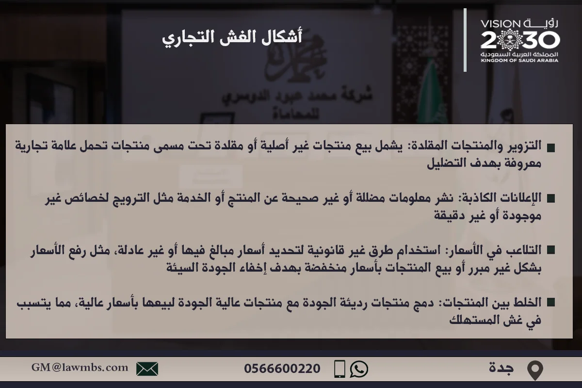 أشكال الغش التجاري - شرح أشكال مختلفة للغش التجاري مثل التلاعب بالأسعار، السلع المقلدة، والغش في الإعلان والمنتجات في السعودية.