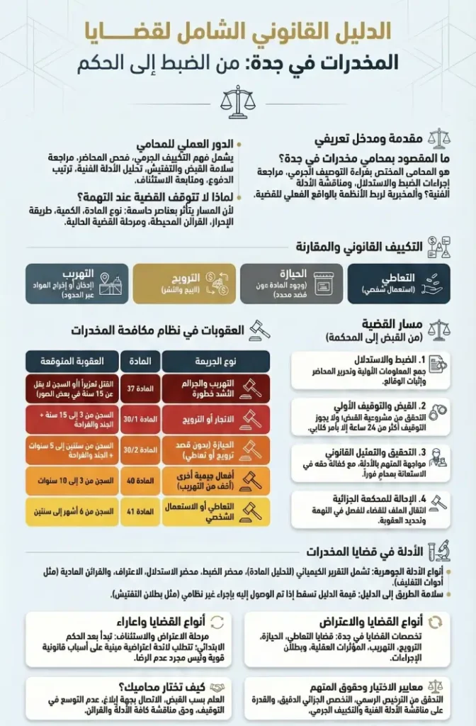 ملخص قانوني يوضح قضايا المخدرات في جدة، من مراحل الضبط والتحقيق إلى العقوبات والأدلة والاعتراض على الحكم.