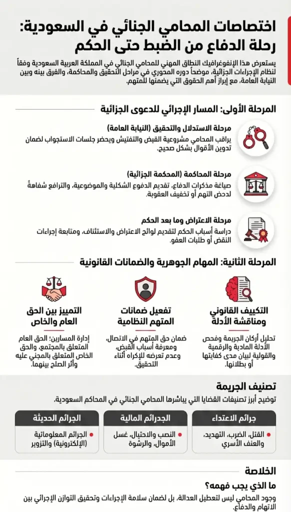 اختصاص المحامي الجنائي في السعودية: دوره في التحقيق والدفاع والمحاكمة