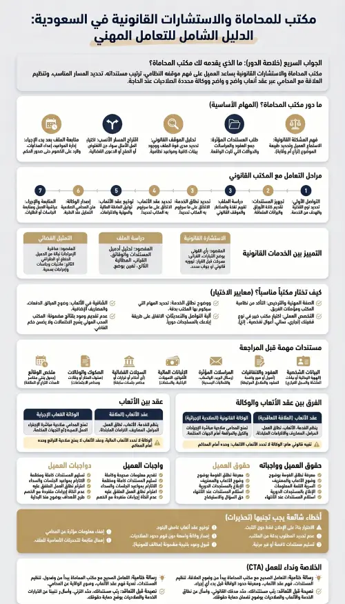 إنفوغرافيك يشرح كيفية اختيار مكتب للمحاماة والاستشارات القانونية في السعودية، مع توضيح مراحل التعامل، المستندات المطلوبة، عقد الأتعاب، الوكالة القانونية، وحقوق العميل.