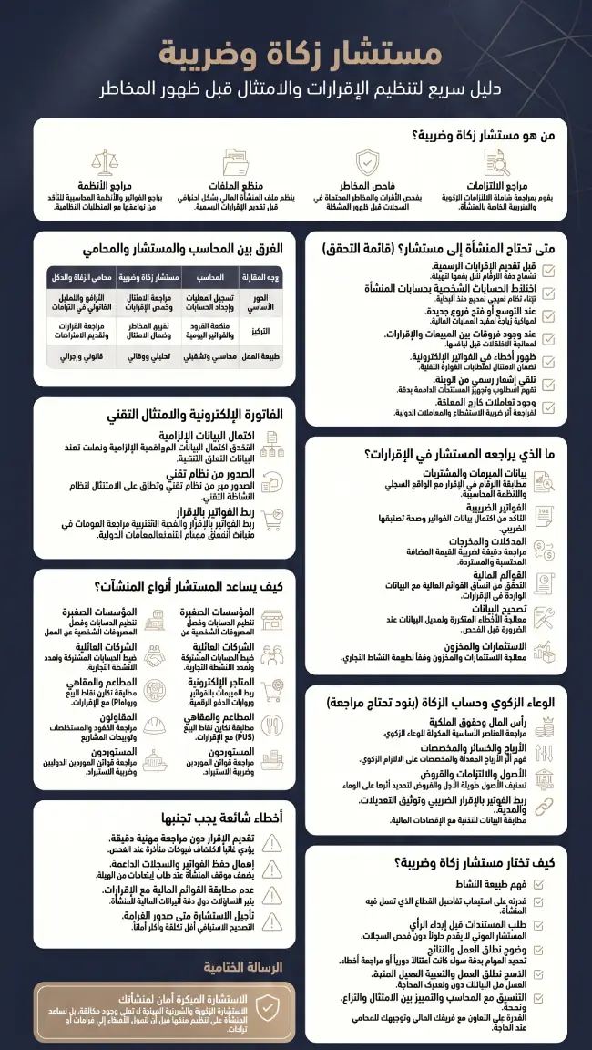 إنفوغرافيك يوضح دور مستشار زكاة وضريبة في السعودية في مراجعة الإقرارات، ضبط الوعاء الزكوي، تنظيم ضريبة القيمة المضافة، ومتابعة امتثال الفاتورة الإلكترونية للمنشآت.