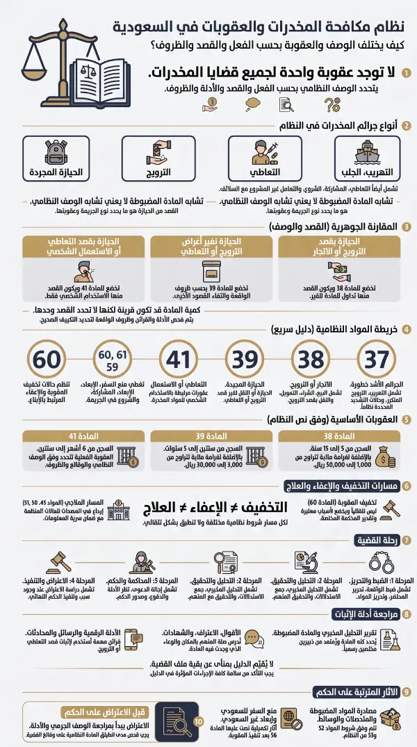 عقوبات المخدرات في السعودية 1 إنفوغرافيك يوضح عقوبات المخدرات في السعودية وأنواع الجرائم والمواد النظامية والعقوبات ومسار القضية