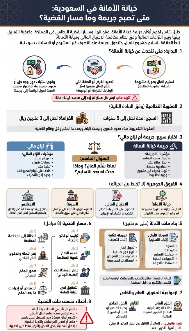 خيانة الأمانة في السعودية 1 إنفوغرافيك يوضح خيانة الأمانة في السعودية وعقوبتها وأهم الأدلة ومراحل القضية