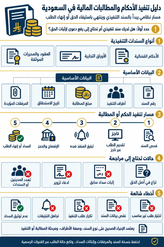 دليل تنفيذ الأحكام والمطالبات 1 إنفوجرافيك يوضح أنواع السندات التنفيذية والبيانات المطلوبة ومسار تنفيذ الأحكام والمطالبات المالية