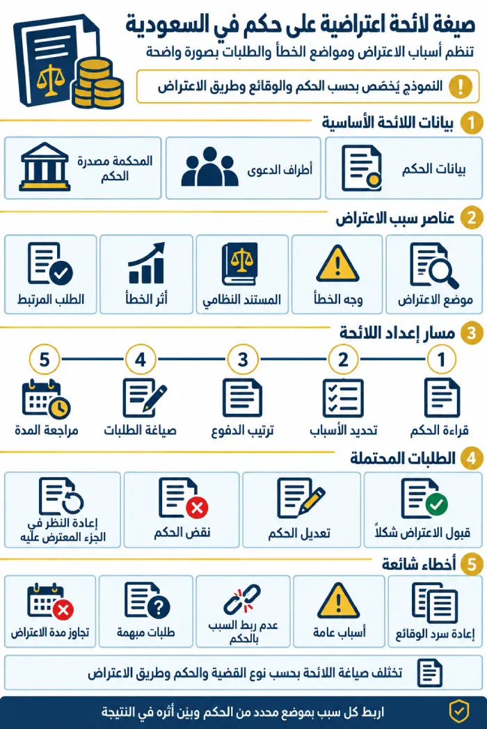 صيغة لائحة اعتراضية على حكم 1 إنفوجرافيك يوضح بيانات صيغة لائحة اعتراضية على حكم وعناصر أسباب الاعتراض ومسار إعداد اللائحة والطلبات والأخطاء الشائعة.