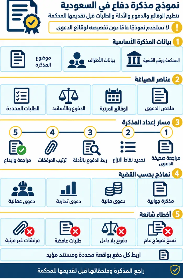 نموذج مذكرة دفاع في السعودية 1 إنفوجرافيك يوضح نموذج مذكرة دفاع في السعودية وعناصره الأساسية ومسار إعداده