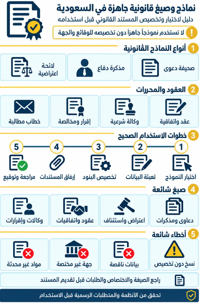 نماذج وصيغ قانونية جاهزة في السعودية 1 إنفوغرافيك يوضح أنواع النماذج والصيغ القانونية الجاهزة في السعودية وخطوات تخصيصها والأخطاء الشائعة.