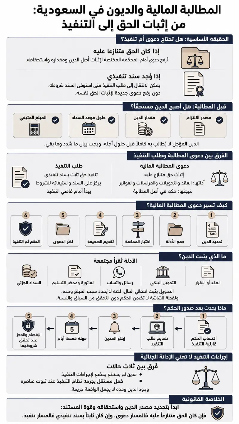 إنفوغرافيك يوضح المطالبة المالية والديون في السعودية والفرق بين رفع الدعوى وطلب التنفيذ وأدلة إثبات الدين.
