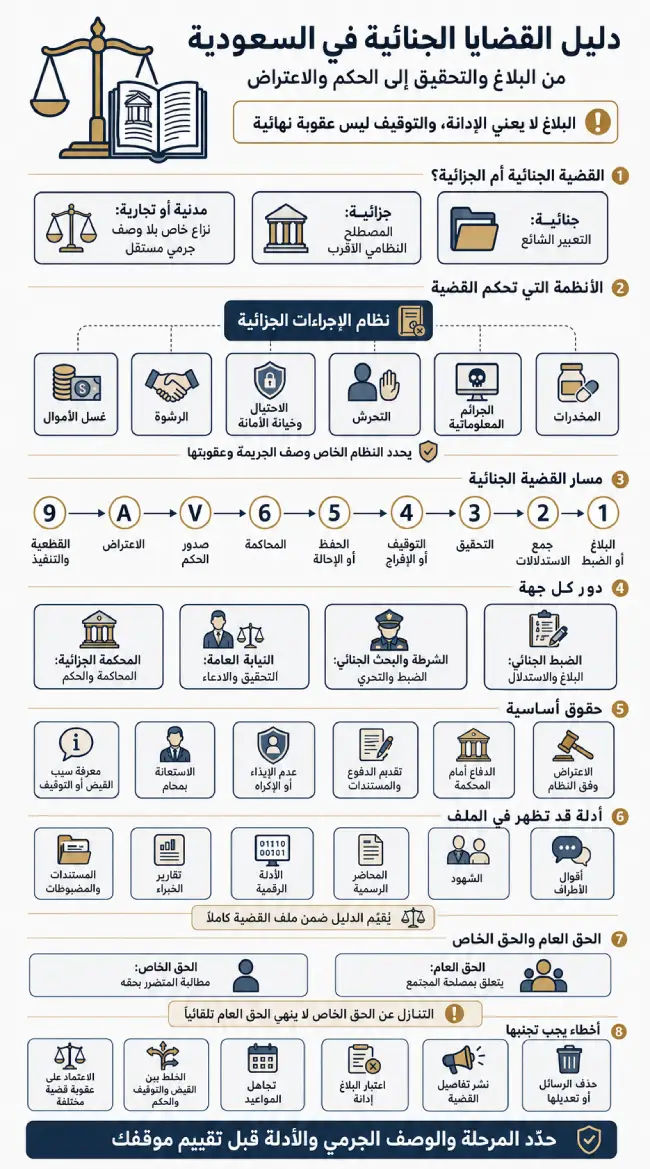 إنفوجرافيك يوضح مراحل القضايا الجنائية في السعودية من البلاغ والتحقيق حتى الحكم والاعتراض