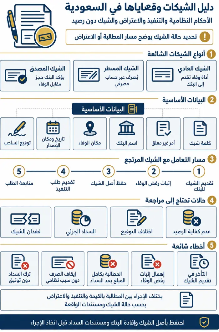 الشيكات وقضاياها في السعودية 1 إنفوجرافيك يوضح أنواع الشيكات وبياناتها الأساسية ومسار التعامل مع الشيك المرتجع والحالات التي تتطلب مراجعة في السعودية.