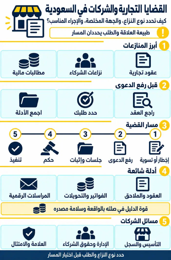 القضايا التجارية والشركات 1 إنفوغرافيك يوضح القضايا التجارية والشركات في السعودية ومسار الدعوى وأدلة الإثبات